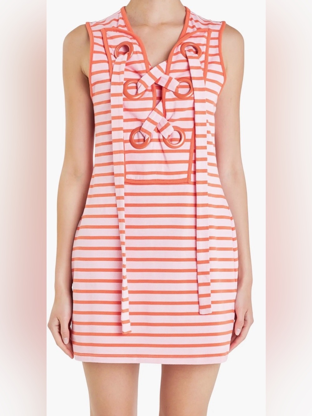 English Factory Orange Pink Coral Striped Lace-Up V-Neck Sleeveless Dress Medium - Picture 2 of 8